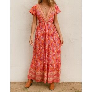 Bebop sz XS Women Pink Funky Floral VNeck Tassle Maxi Dress Beachy Boho Festival